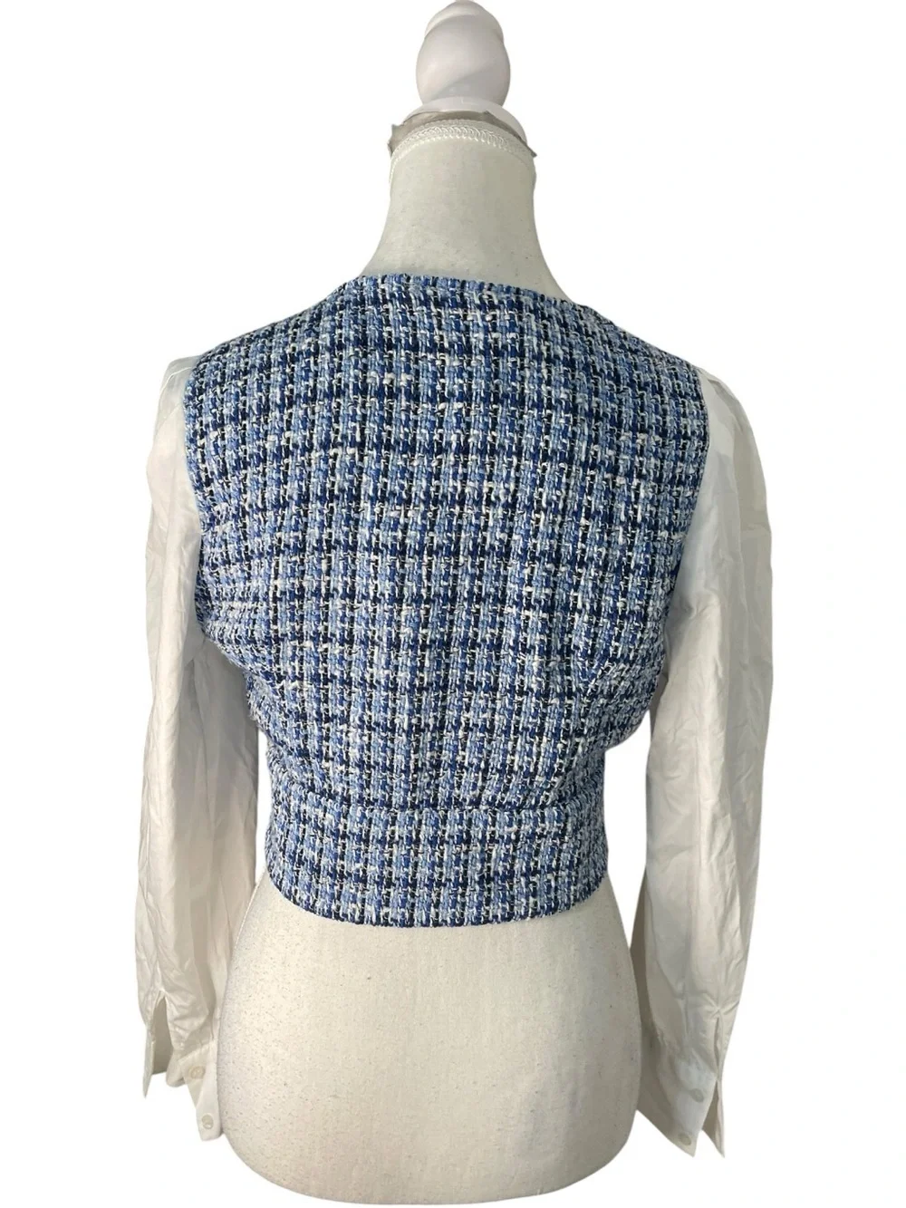 Zara Contrast Textured Tweed Cropped Blouse White Blue